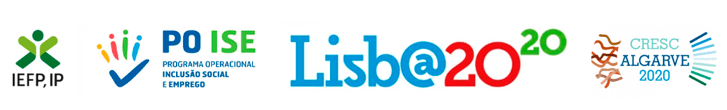 Logos dos apoios e financiamentos recebidos, incluindo IEFP, PO ISE, Lisboa 2020 e CRESC Algarve 2020.