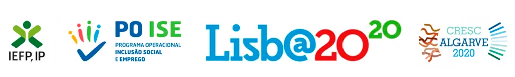Logos dos apoios e financiamentos recebidos, incluindo IEFP, PO ISE, Lisboa 2020 e CRESC Algarve 2020.