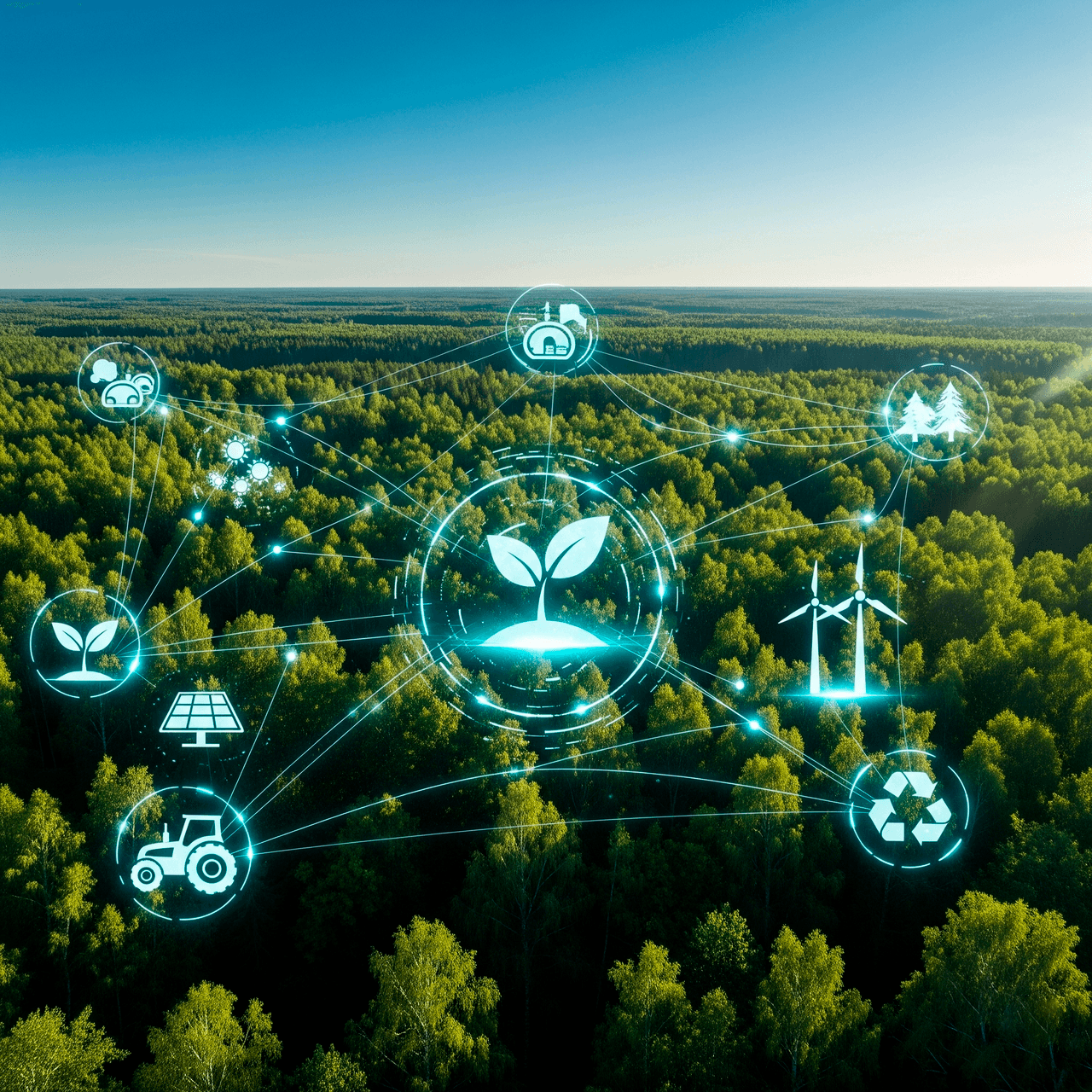 Ilustração digital da agricultura sustentável e tecnologia ecológica, com ícones de energia renovável e ecologia interligados.