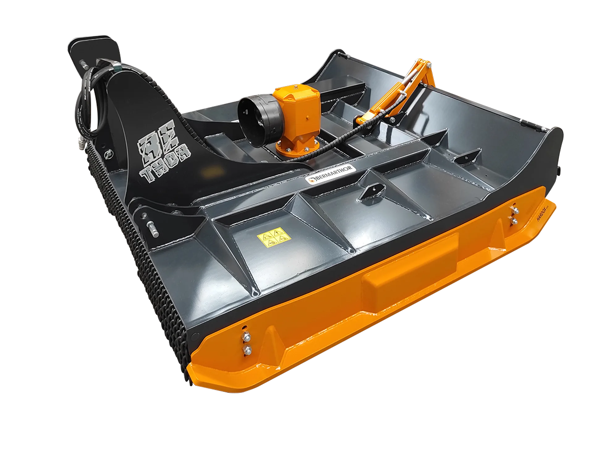 Visão lateral em perspetiva da Capinadeira RE-THOR F, destacando o chassi e patins